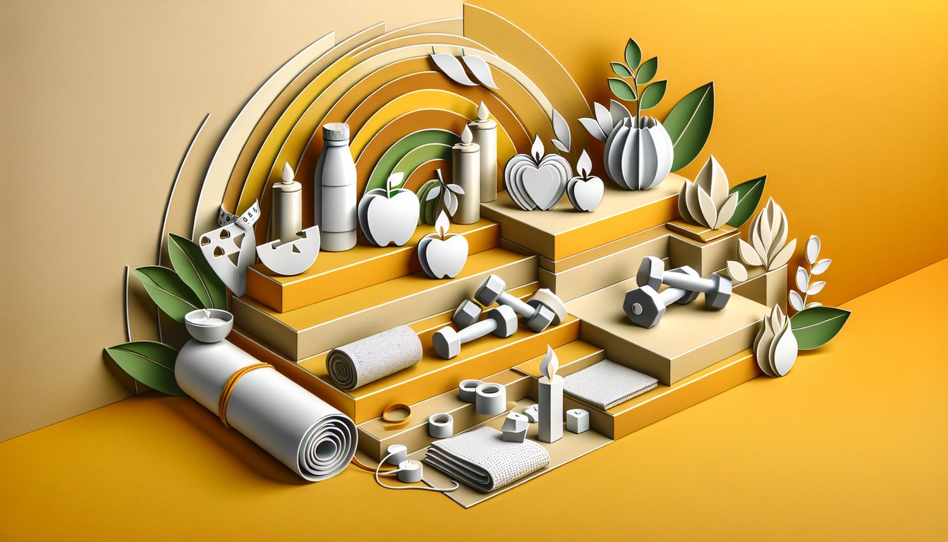Layered paper art shapes feature icons for apple dumbbell heart water drop around quiz text on golden yellow background