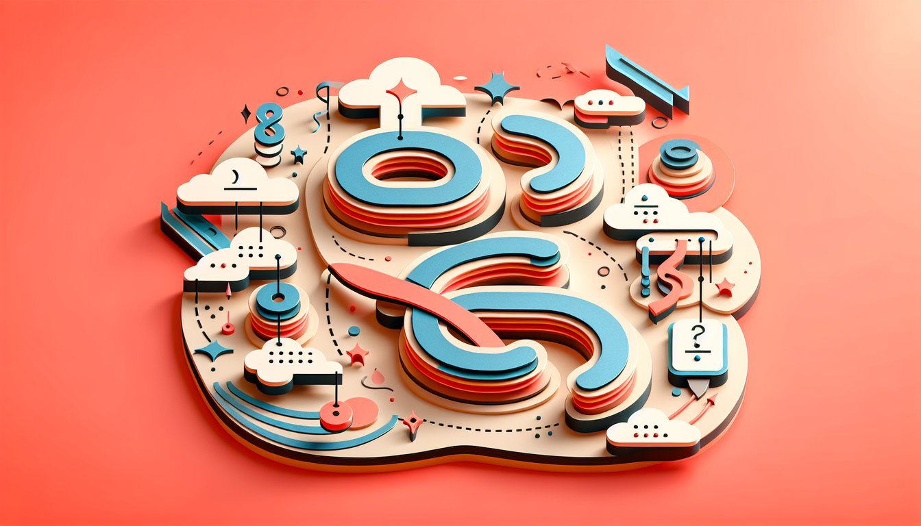 Paper art illustration with score icons and clause connectors for free subordinating conjunctions quiz on coral background