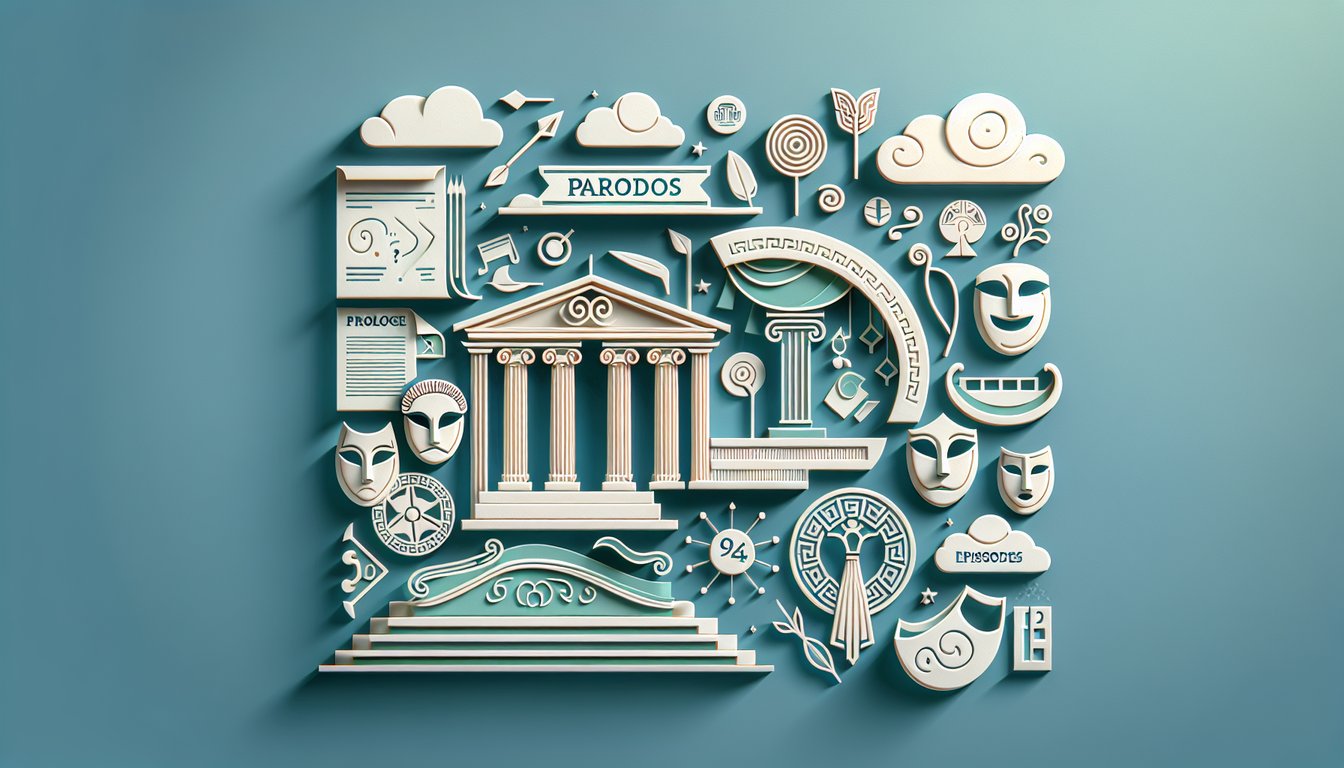 Paper art Greek theatre masks columns icons on teal background for free Parados prologue episodes quiz
