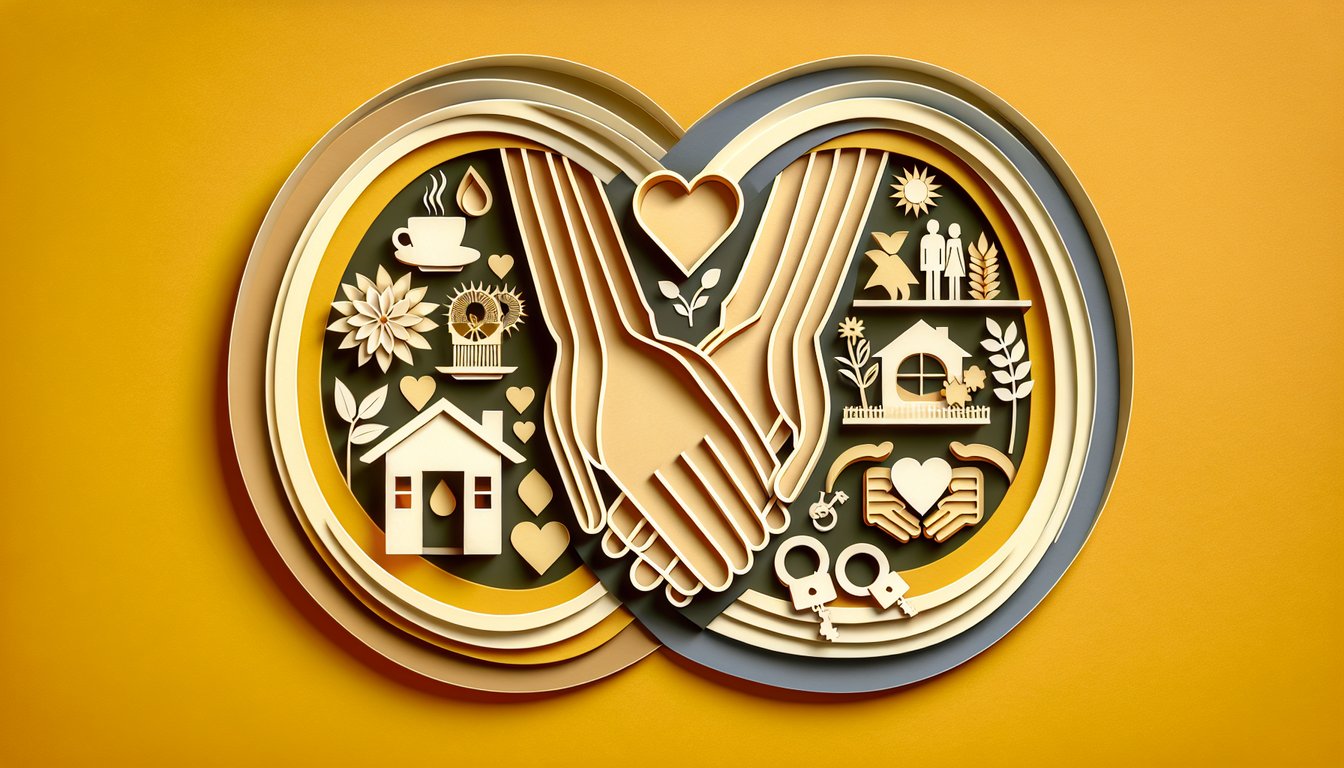 Paper art illustration of wedding rings and paper house on golden yellow background for marriage versus living together quiz