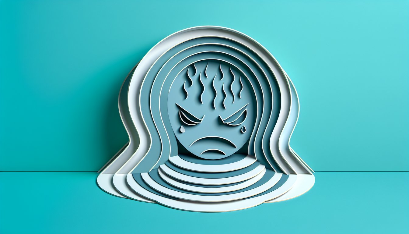 Paper art illustration of a person with clenched fists amid stormy clouds representing anger triggers on teal background
