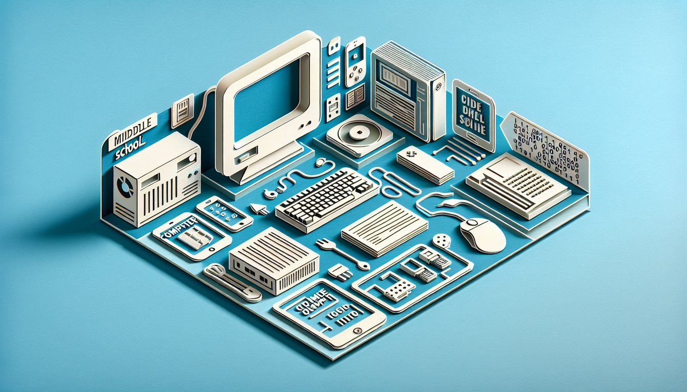 Paper art collage of computer monitor keyboard mouse circuit icons on sky blue background for computer basics quiz