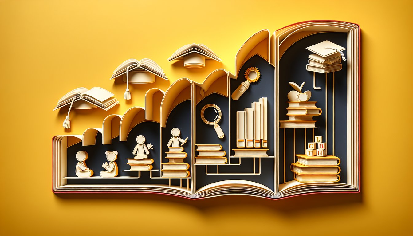 Paper art illustration with books pencil globe quiz text preschool to adult learning on golden yellow background.