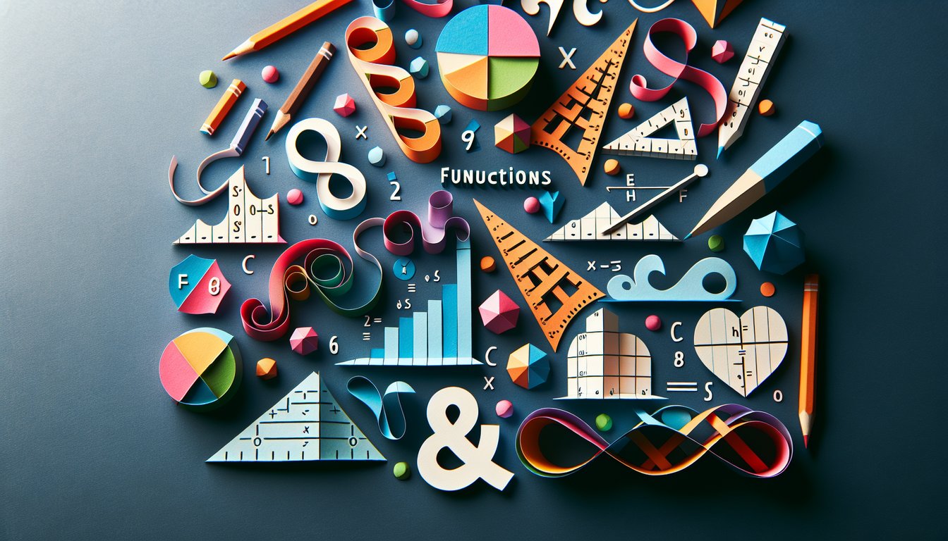 Colorful paper art promoting Functions  Slope Ace It trivia quiz for high school students.
