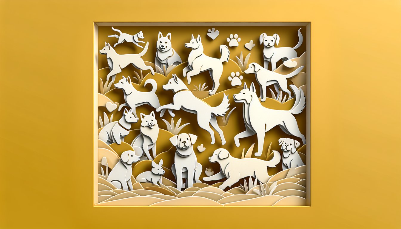 Paper art illustration for dog breed quiz on a golden yellow background