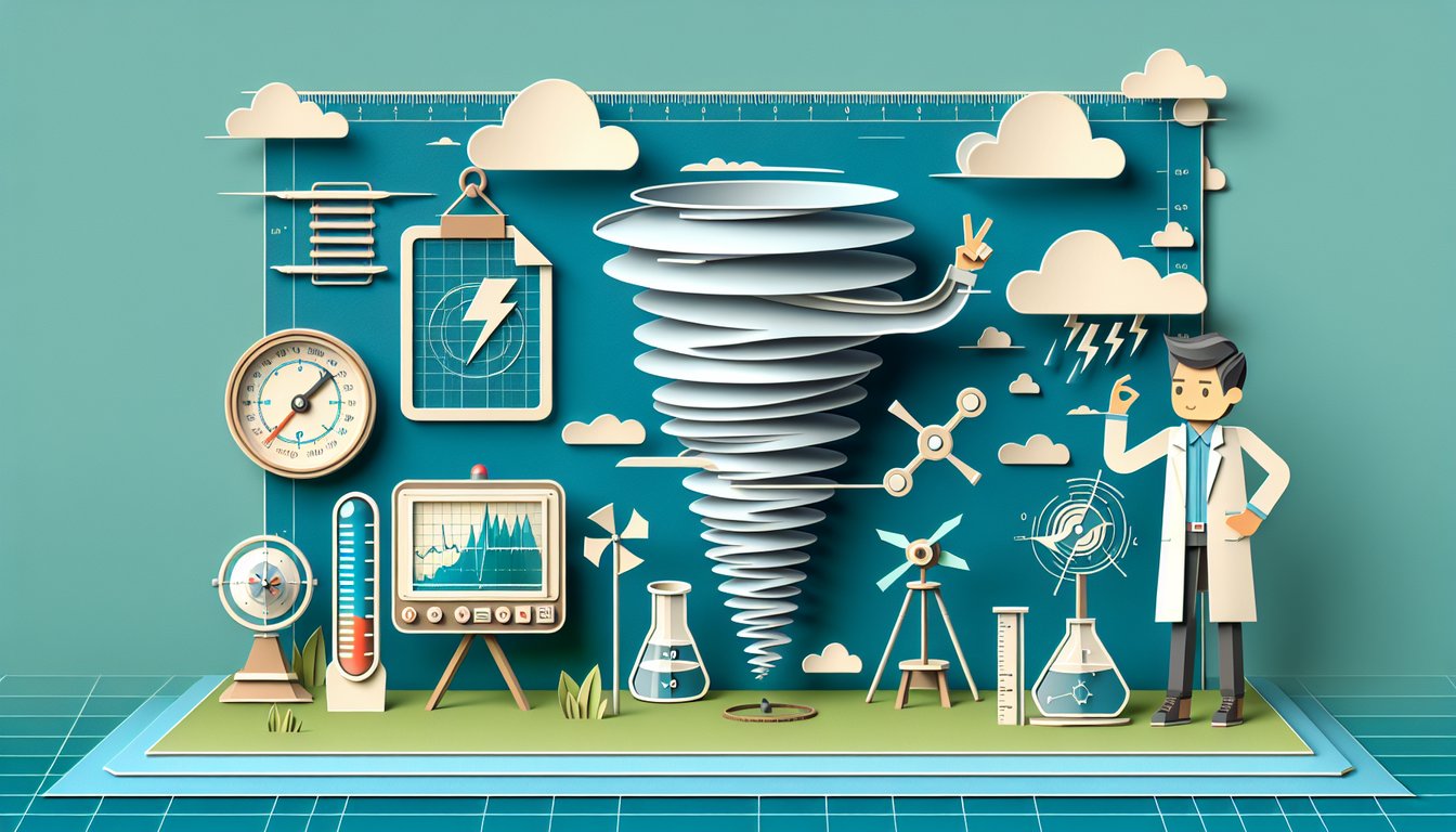 Paper art tornado funnel graphic, storm trivia quiz and ten question challenge on teal background