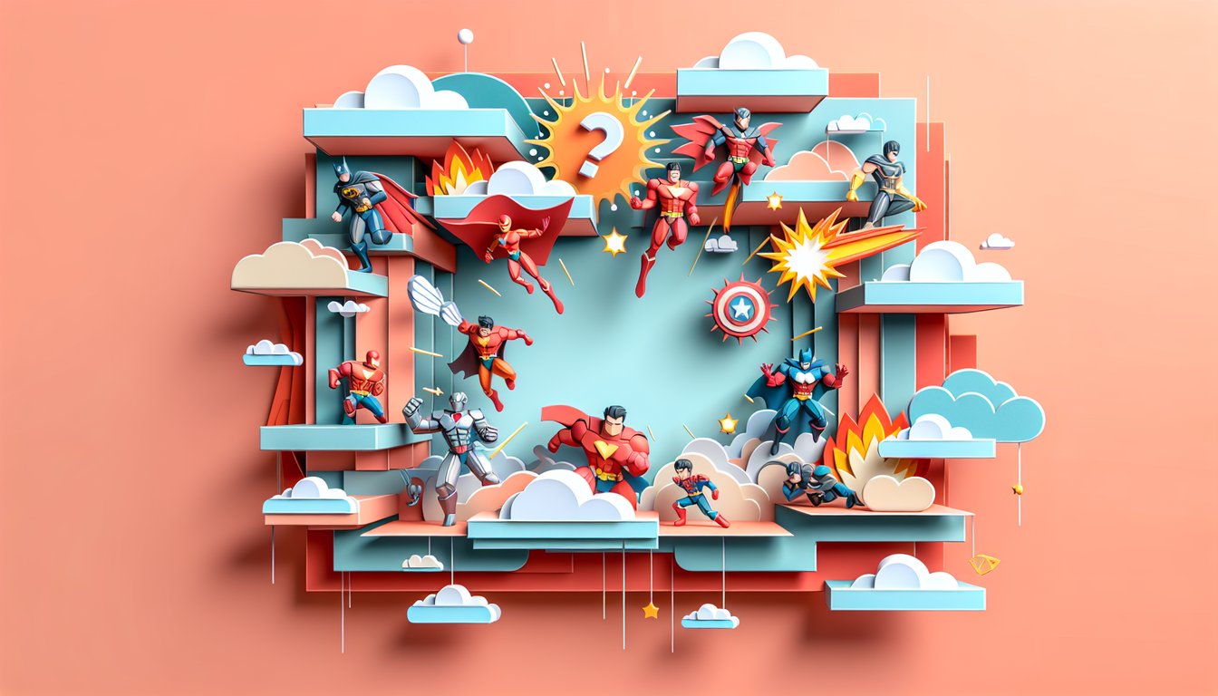 Paper art illustration for Marvel trivia quiz on a coral background