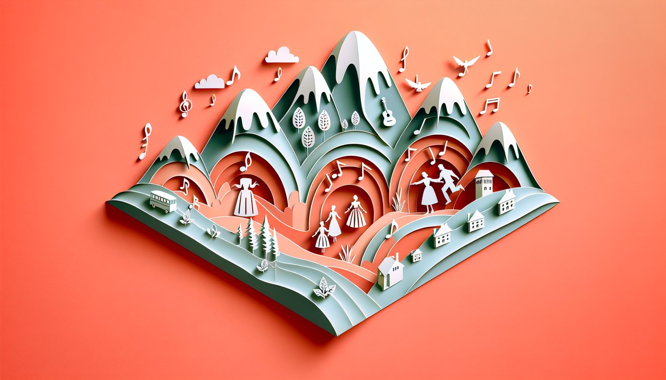 paper art trivia quiz scene with musical notes question marks film icons on coral background for Sound of Music challenge