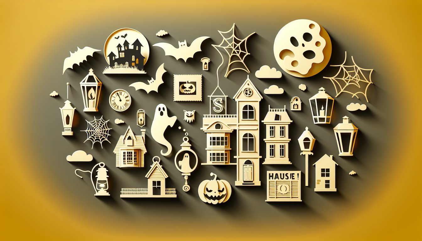 Paper cut haunted house silhouette with floating ghosts and question mark on golden yellow background.