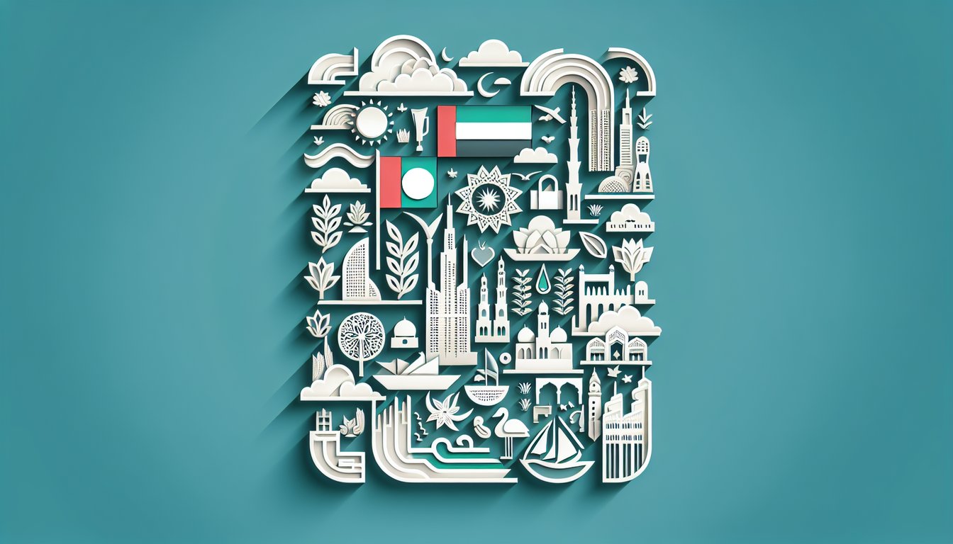 Paper art UAE skyline desert dunes falcon quiz symbols on teal background