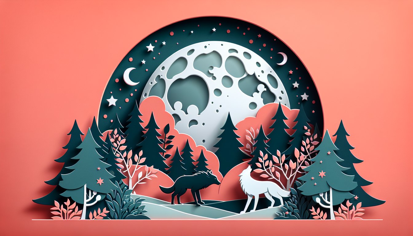 paper art illustration of wolf head with moon forest layers on coral background quiz theme inner wolf transformation