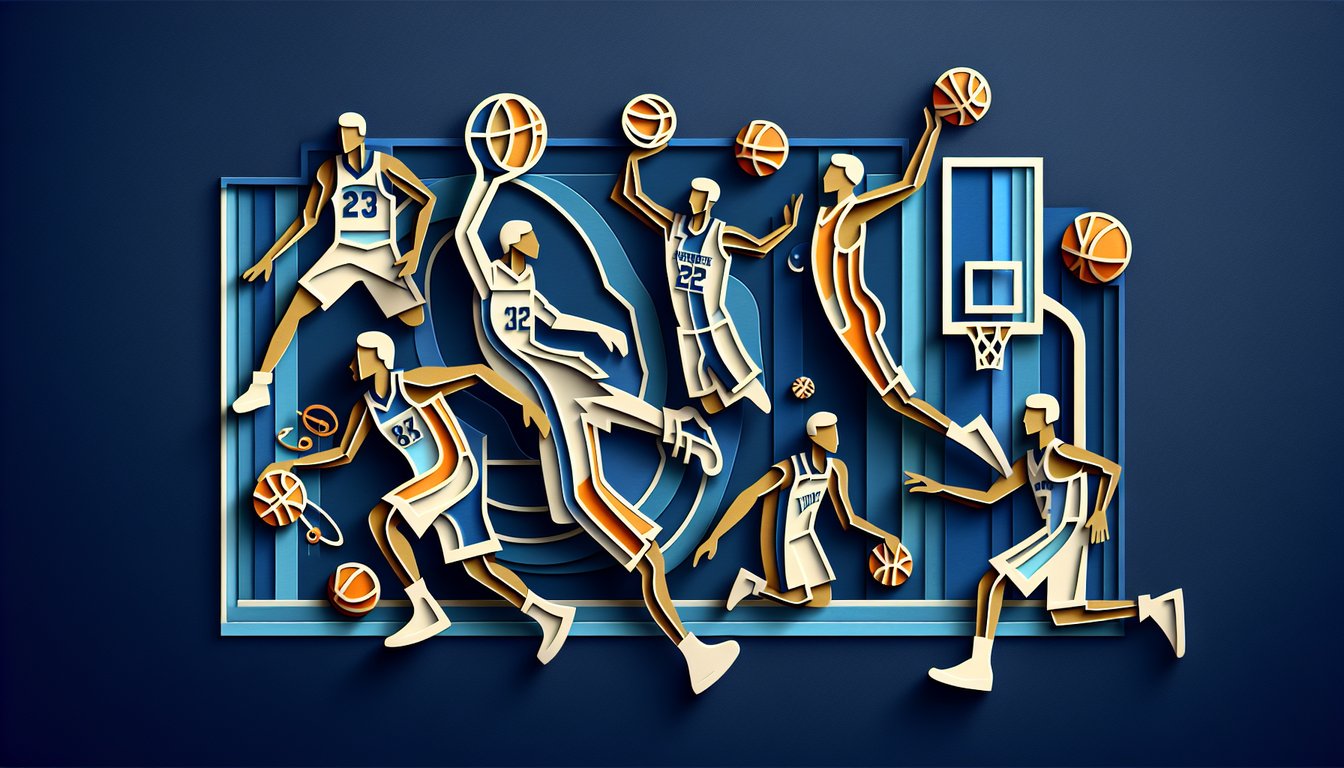 Paper art illustration of stylized basketball court hoop and point guards with quiz text on dark blue background