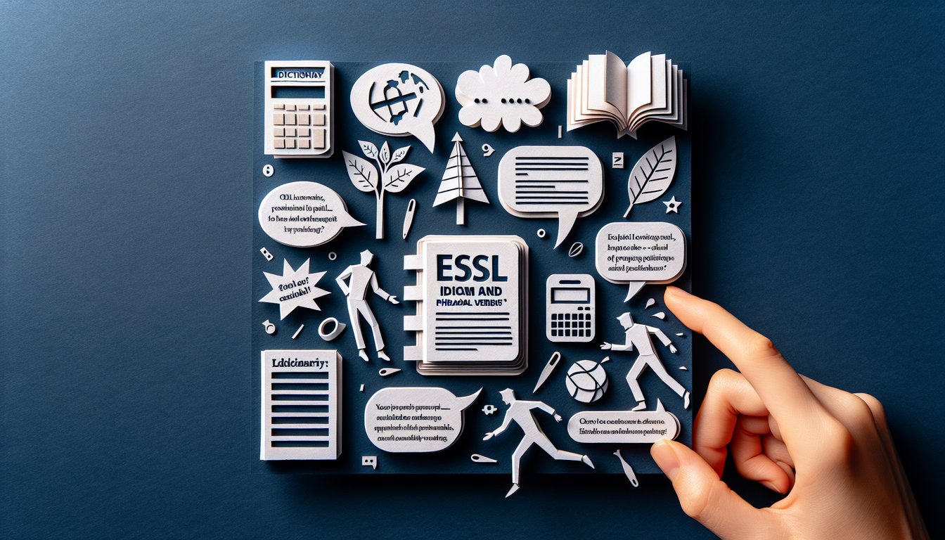 Colorful paper art depicting various ESL idioms and phrasal verbs for a quiz.