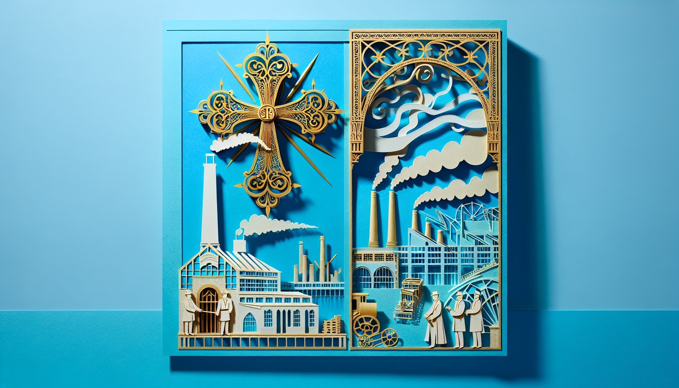 Paper art Free Gilded Age quiz on sky blue background featuring Cross of Gold speech and Pullman Strike trigger themes.
