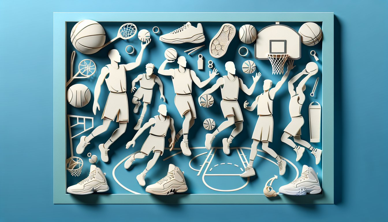 Paper art illustration for NBA style-matching personality quiz on sky blue background