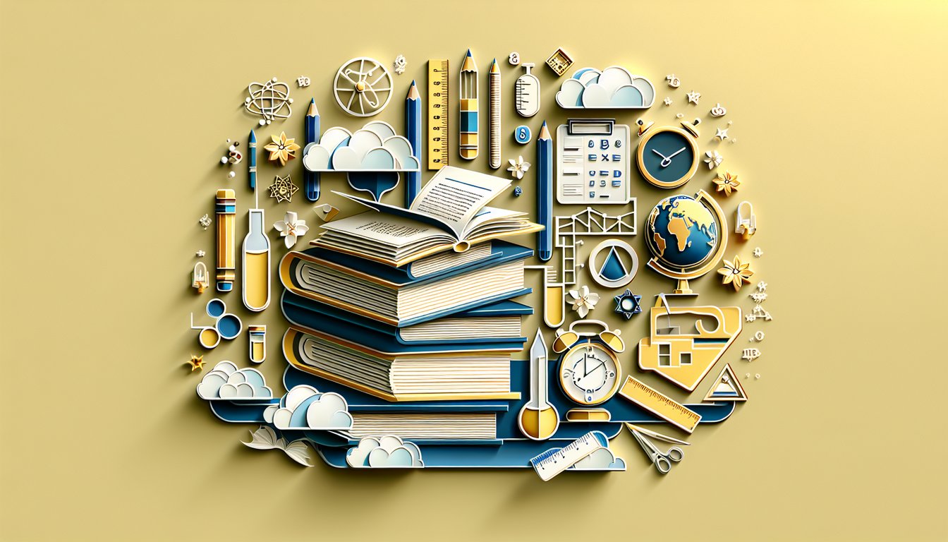 Paper art style quiz title with pencils and books on golden yellow background, fun trivia testing eighth grade smarts