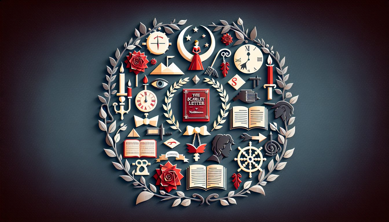 Colorful paper art promoting The Scarlet Letter literature quiz for high school students.
