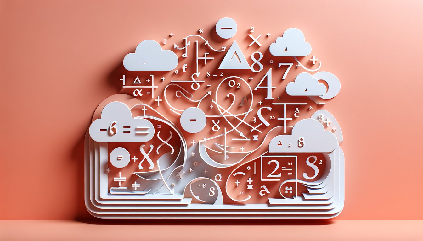 Paper art style illustration of algebra formulas and symbols on coral background for free hard algebra quiz