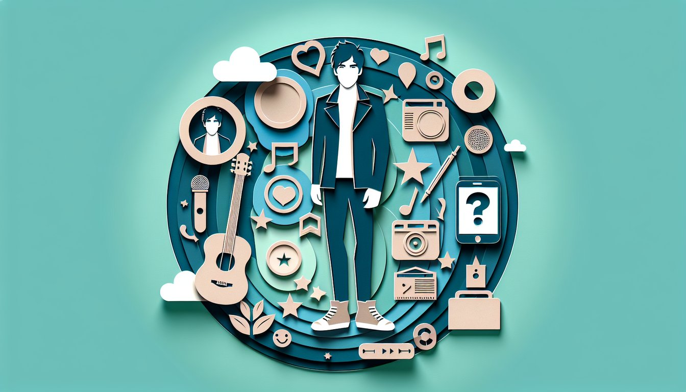Paper art style girl silhouette with heart music note and fashion icons on teal background for quiz