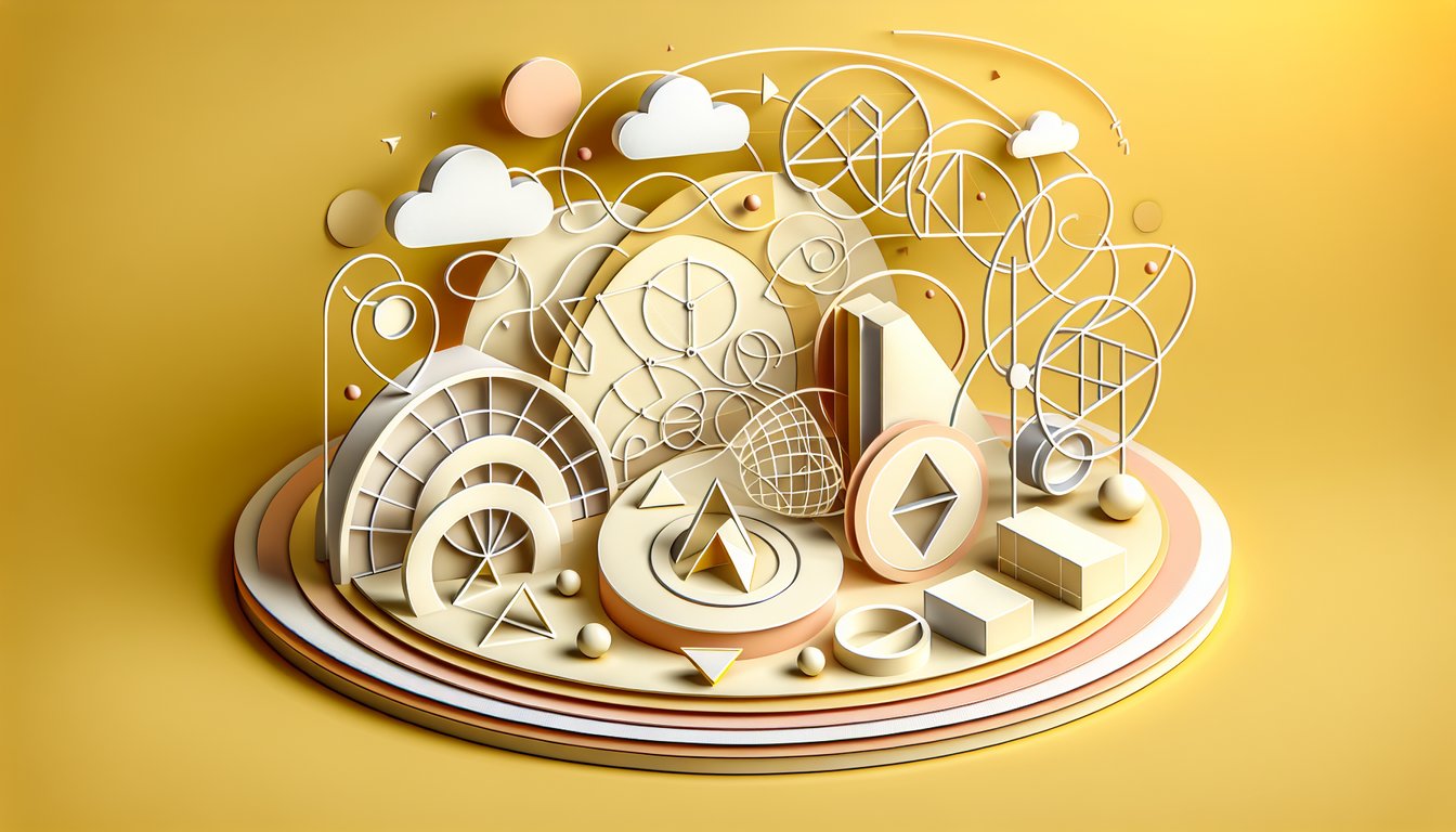 Paper art circles squares overlapping on golden yellow background representing sets subsets and logic concepts