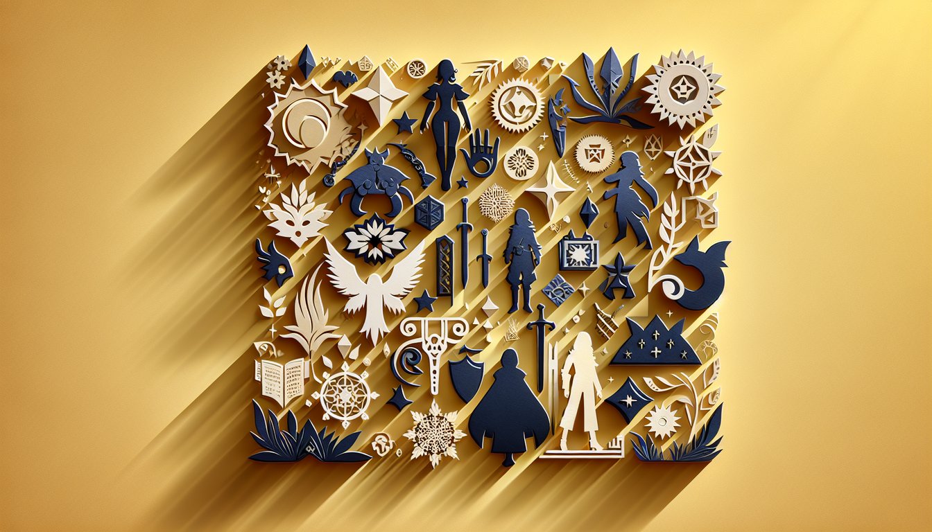 Paper art illustration showing Final Fantasy character silhouettes and quiz elements on golden yellow background