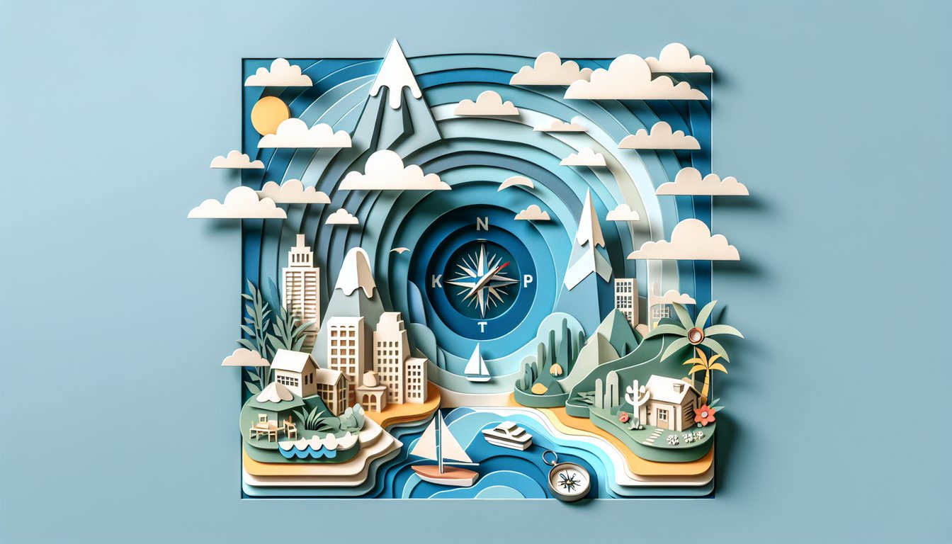 paper art collage of houses trees mountains airplane and compass icons on sky blue background hinting at ideal living quiz