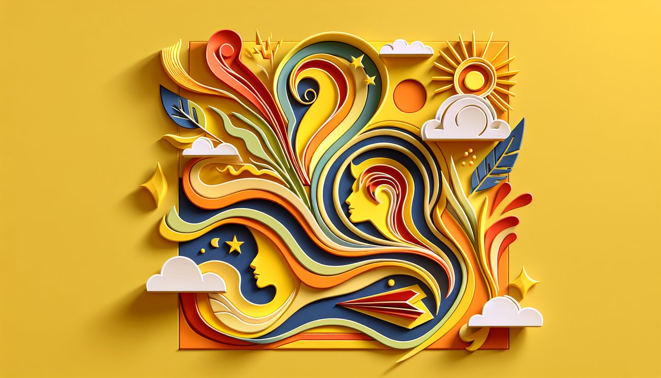 Paper art illustration for Sassy Personality Quiz on a golden yellow background.