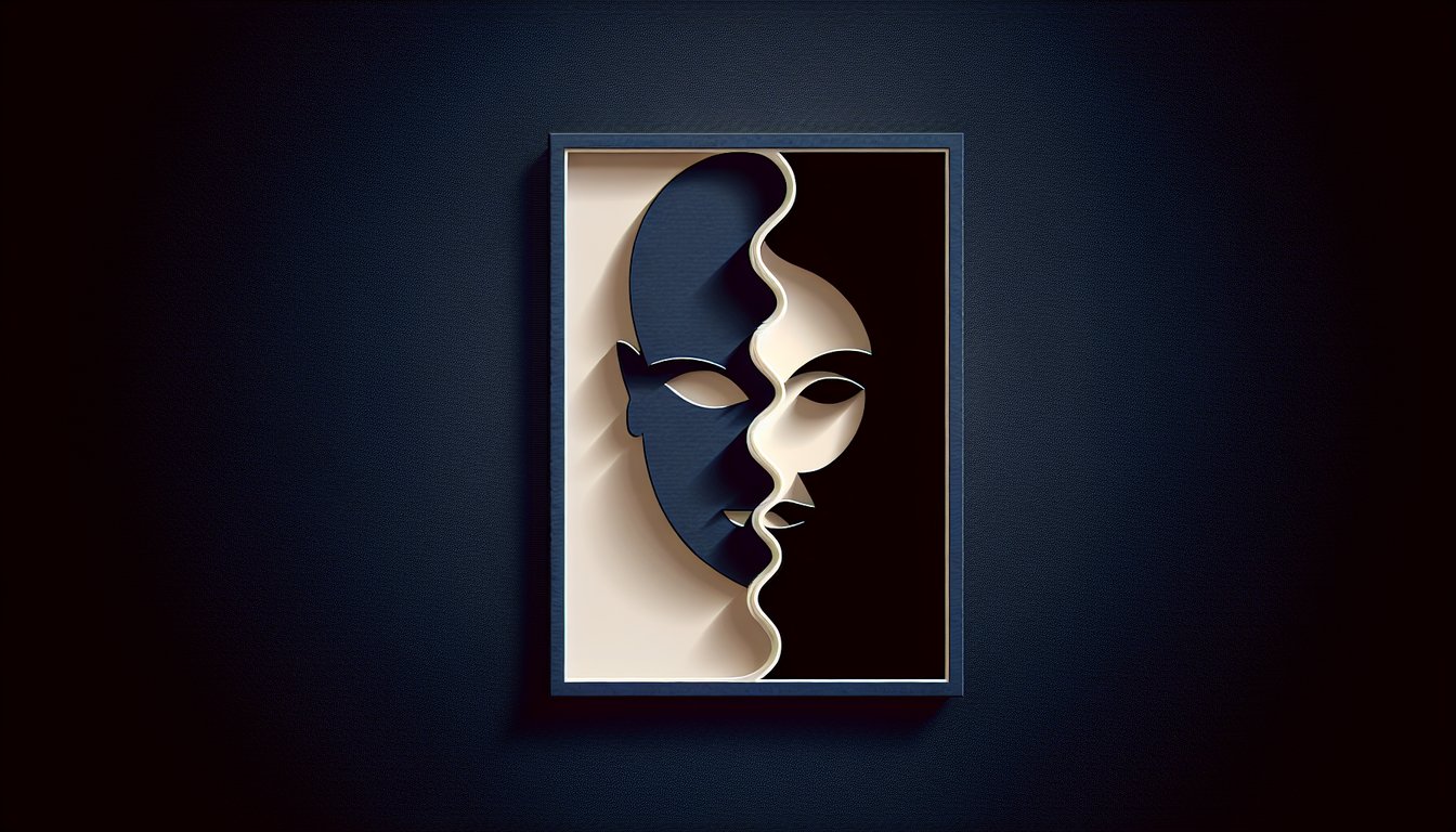 Paper art illustration for Am I Evil quiz on dark blue background