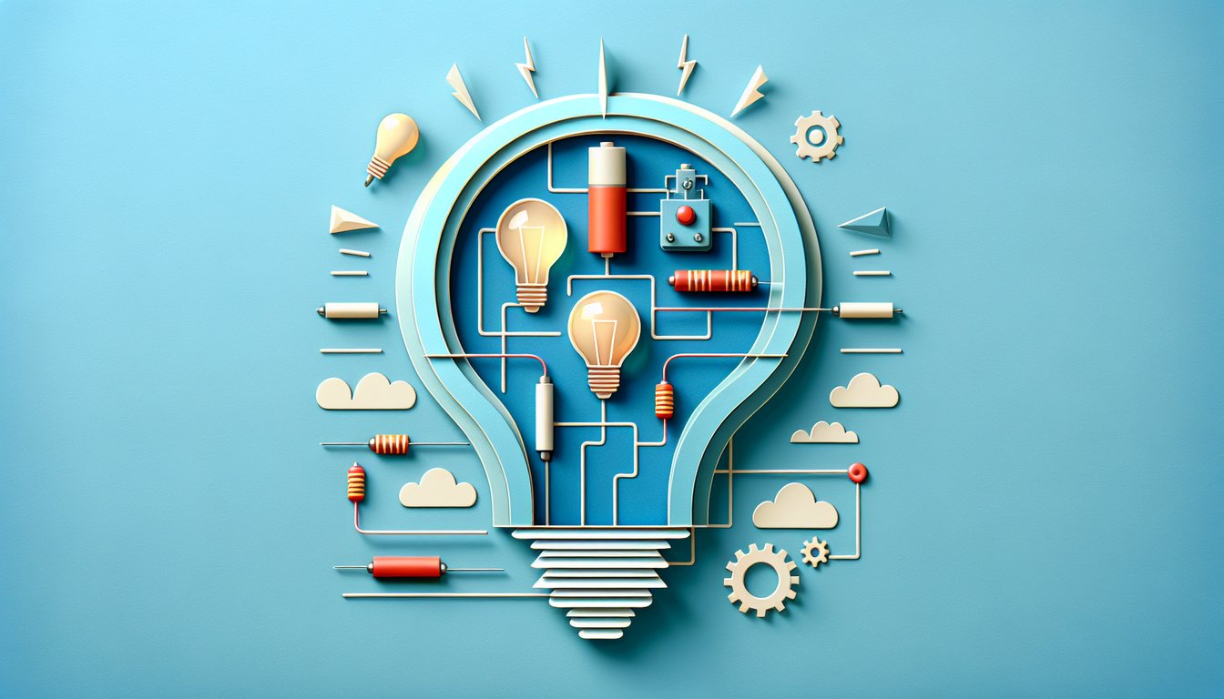 Paper cutout battery resistor wire and lightning bolt on sky blue background symbolizing ohms law and electricity quiz