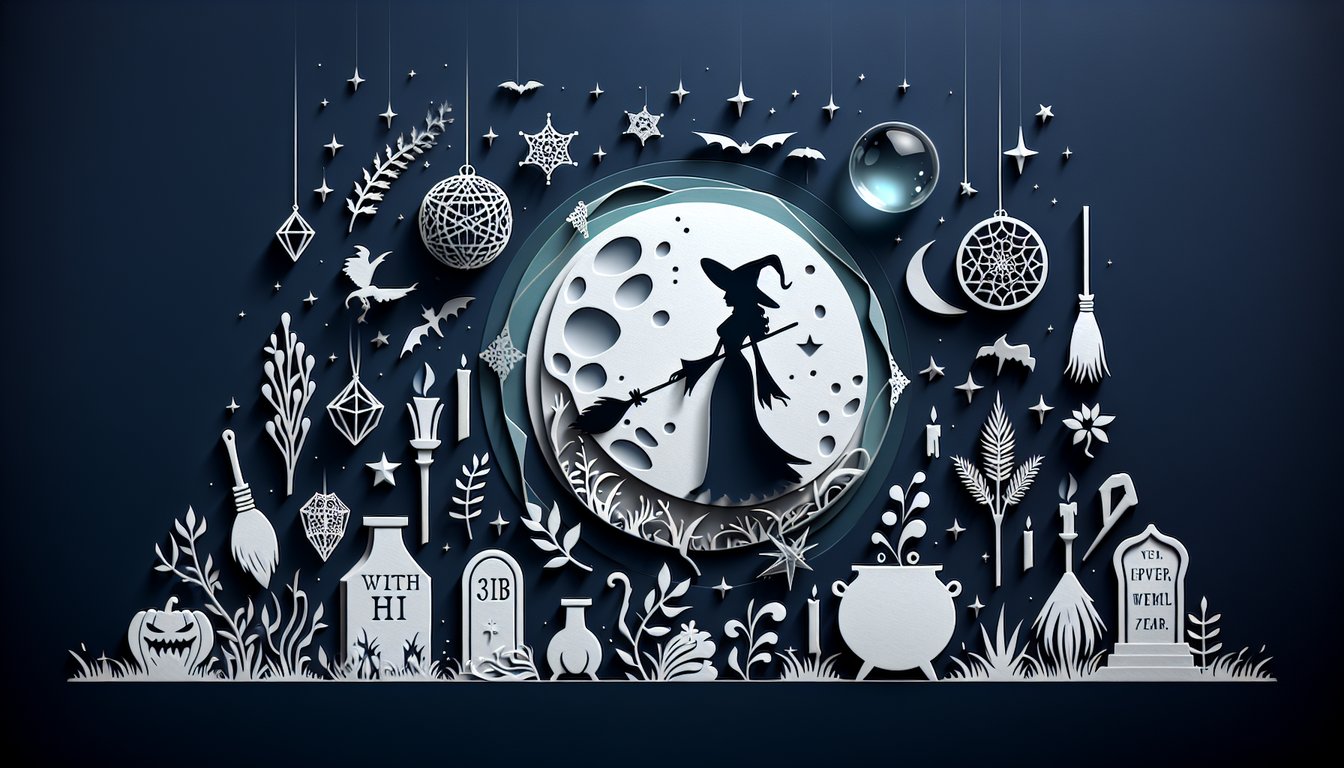 paper art style witch figure stirring cauldron with potion bubbles and stars on dark blue background