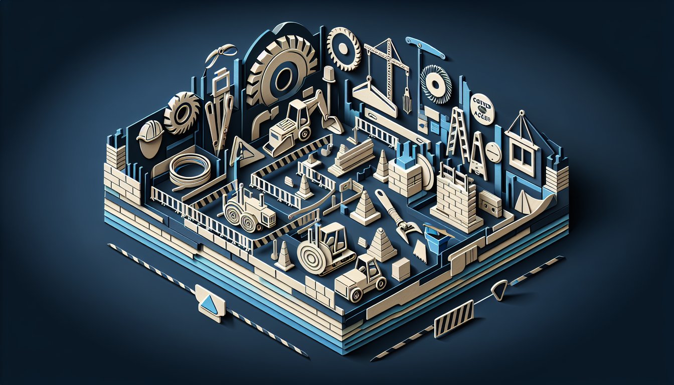 Paper art illustration for a quiz on mastering lifting inserts, masonry saw guards, limited access zones on a dark blue background.