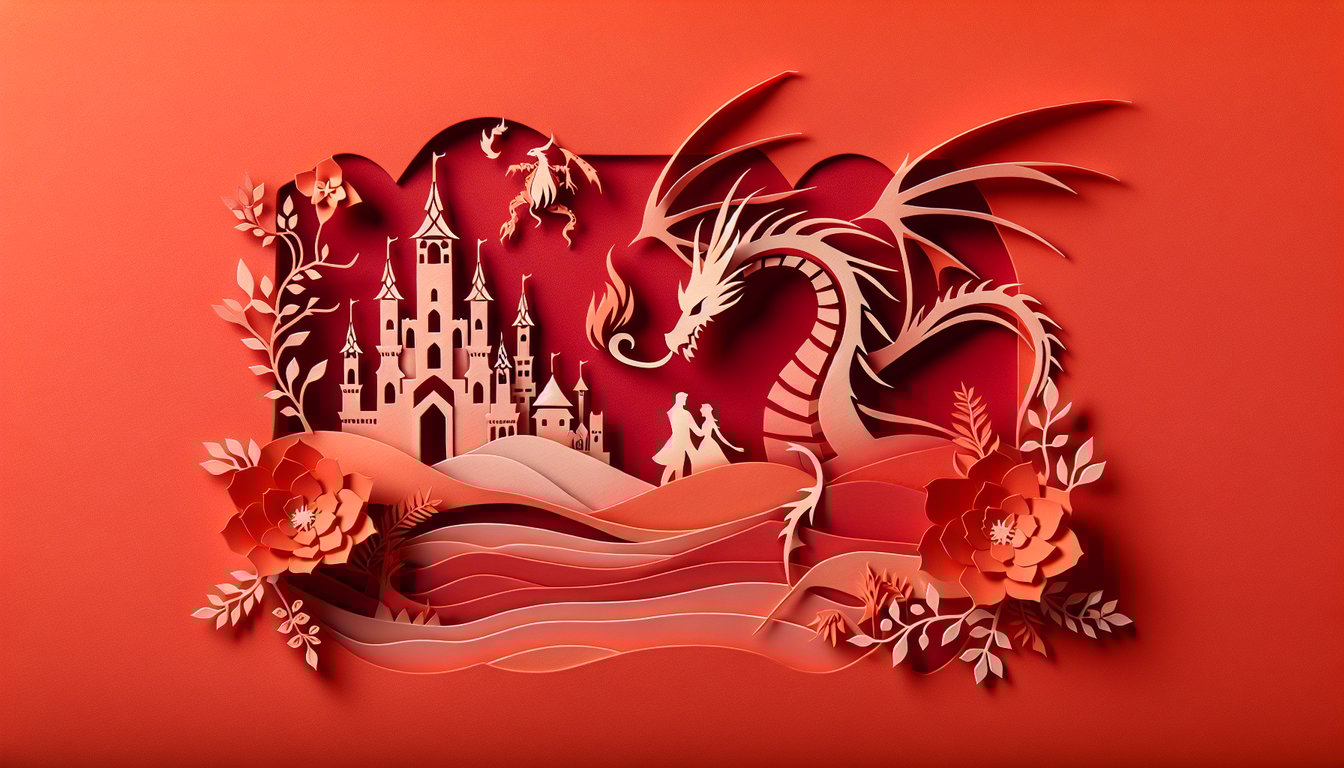 Paper art dragon and hearts framing quiz title on coral background