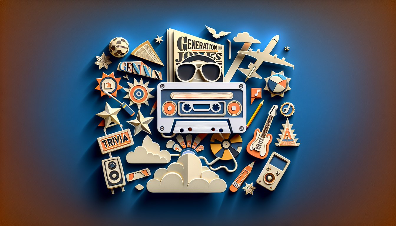 Paper art illustration for Generation Jones quiz on dark blue background testing Gen X trivia knowledge