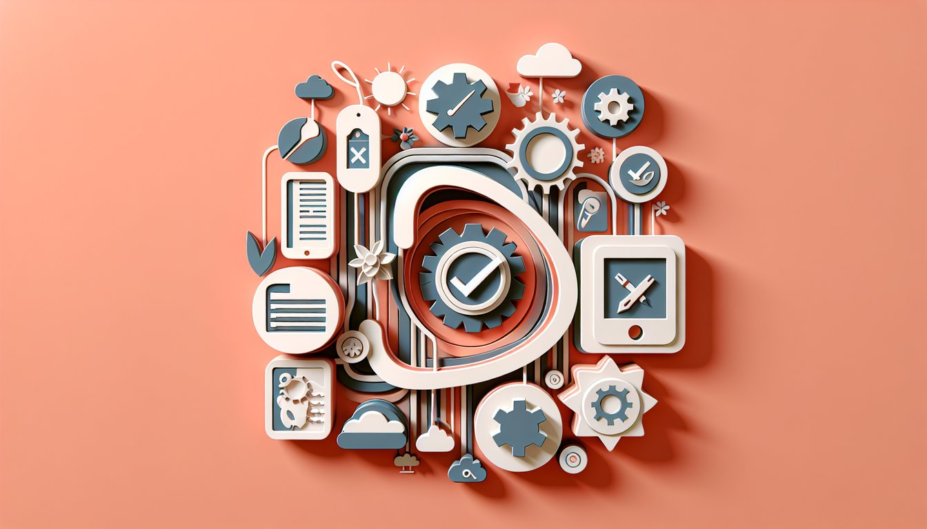 Paper art style illustration showing a quiz with checklist icons magnifying glass charts and gears on a coral background