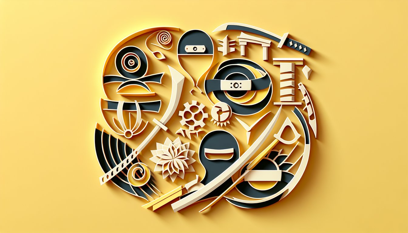Paper art style ninja headband, scroll, kunai and shuriken icons on golden yellow background for Naruto Genin exam quiz.