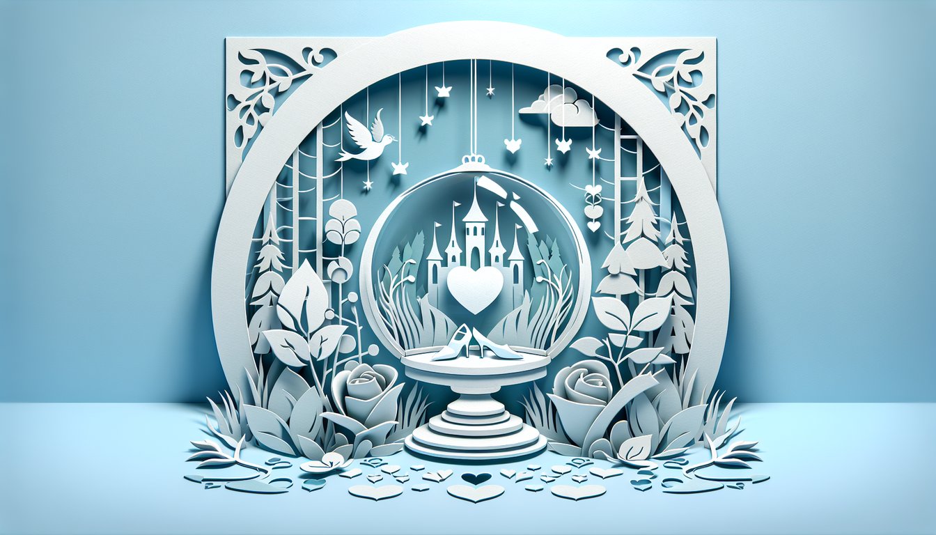 Paper art quiz banner with fairy tale icons hearts crown sword apple storybook scroll on sky blue background
