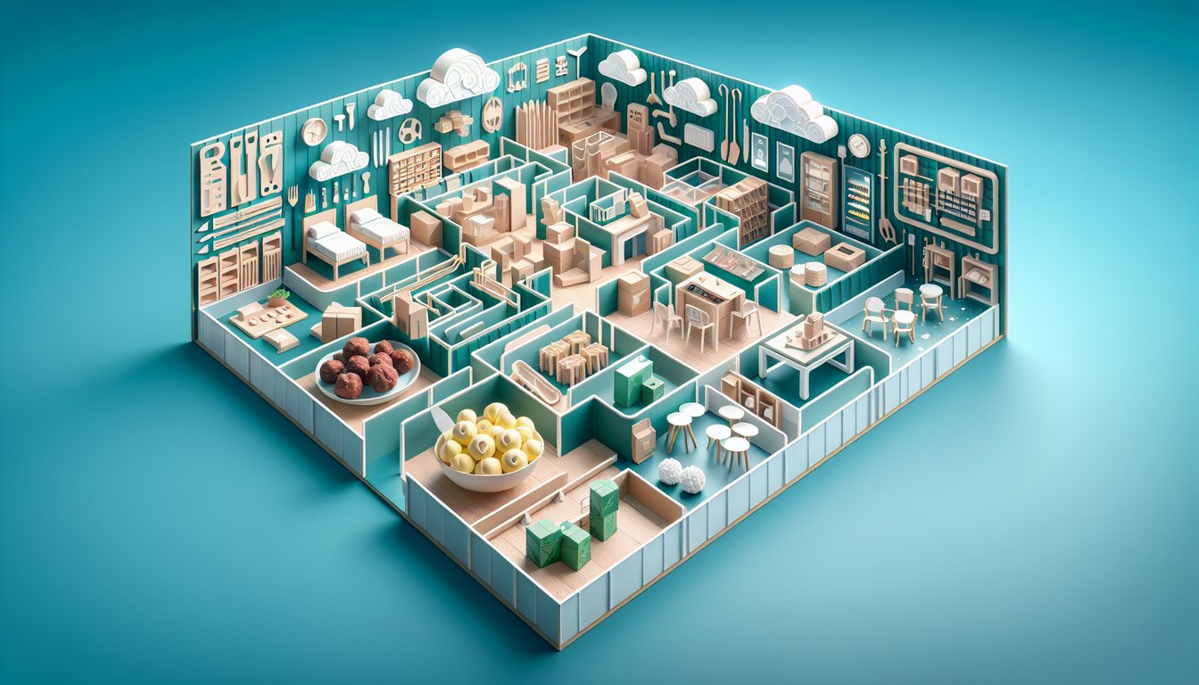 Paper art illustration of IKEA furniture shapes building blocks and question mark around quiz title on teal background