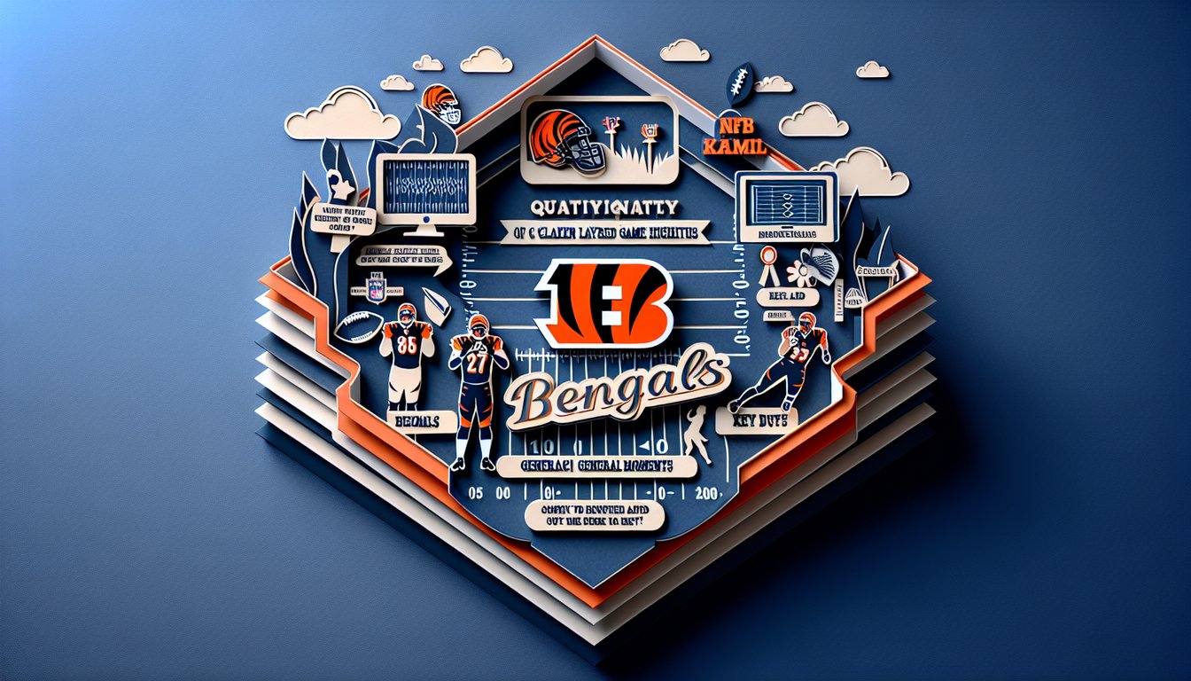 Paper art illustration for Cincinnati Bengals trivia quiz on dark blue background