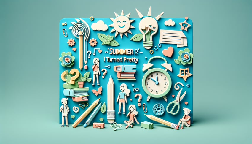 Paper cutout beach scene with seashells, starfish, sunglasses, paper figures on teal background.