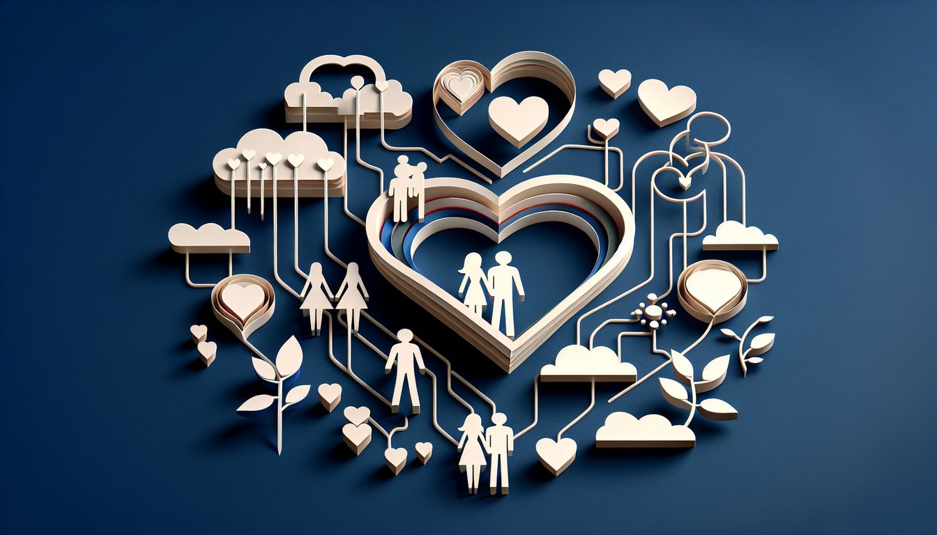 Paper art illustration for a relationship quiz on dark blue background