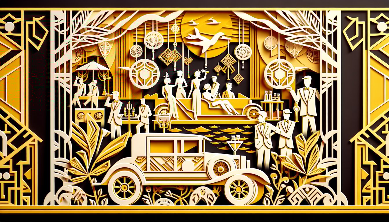 Paper art illustration for a Great Gatsby Chapter 5 quiz on a golden yellow background