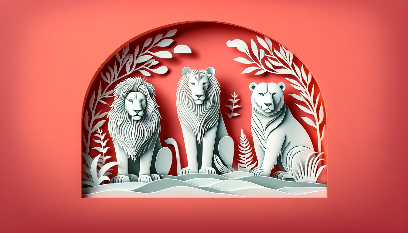Paper art style bear tiger and lion faces on coral background inner animal quiz challenge