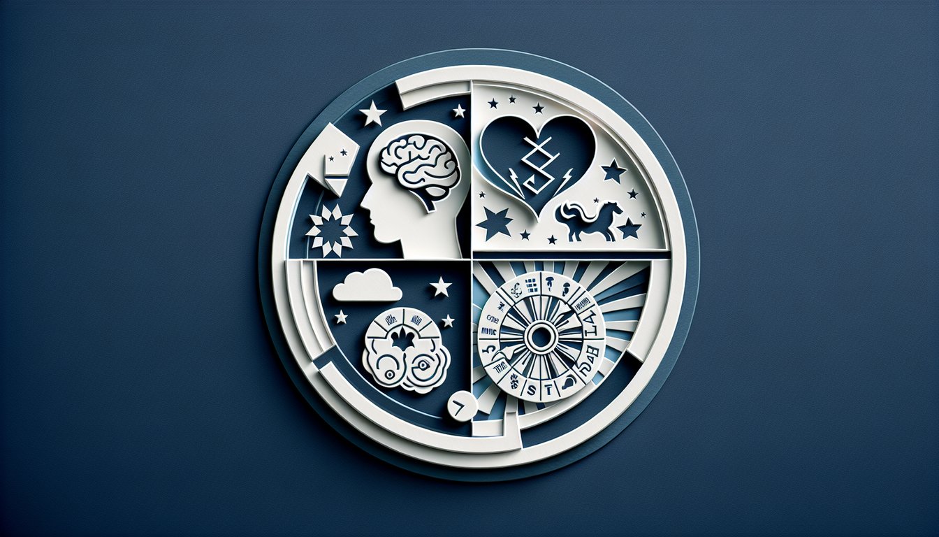 Paper art illustration on dark blue background features stylized brain heart scale and icons representing instincts and fate.