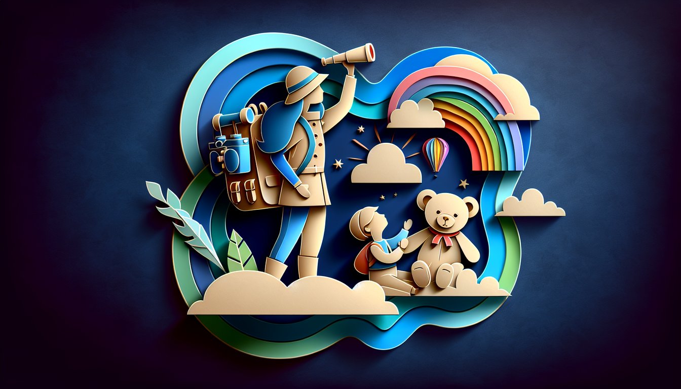 Paper art explorers dreamers caring friends playfully float on dark blue background quiz banner