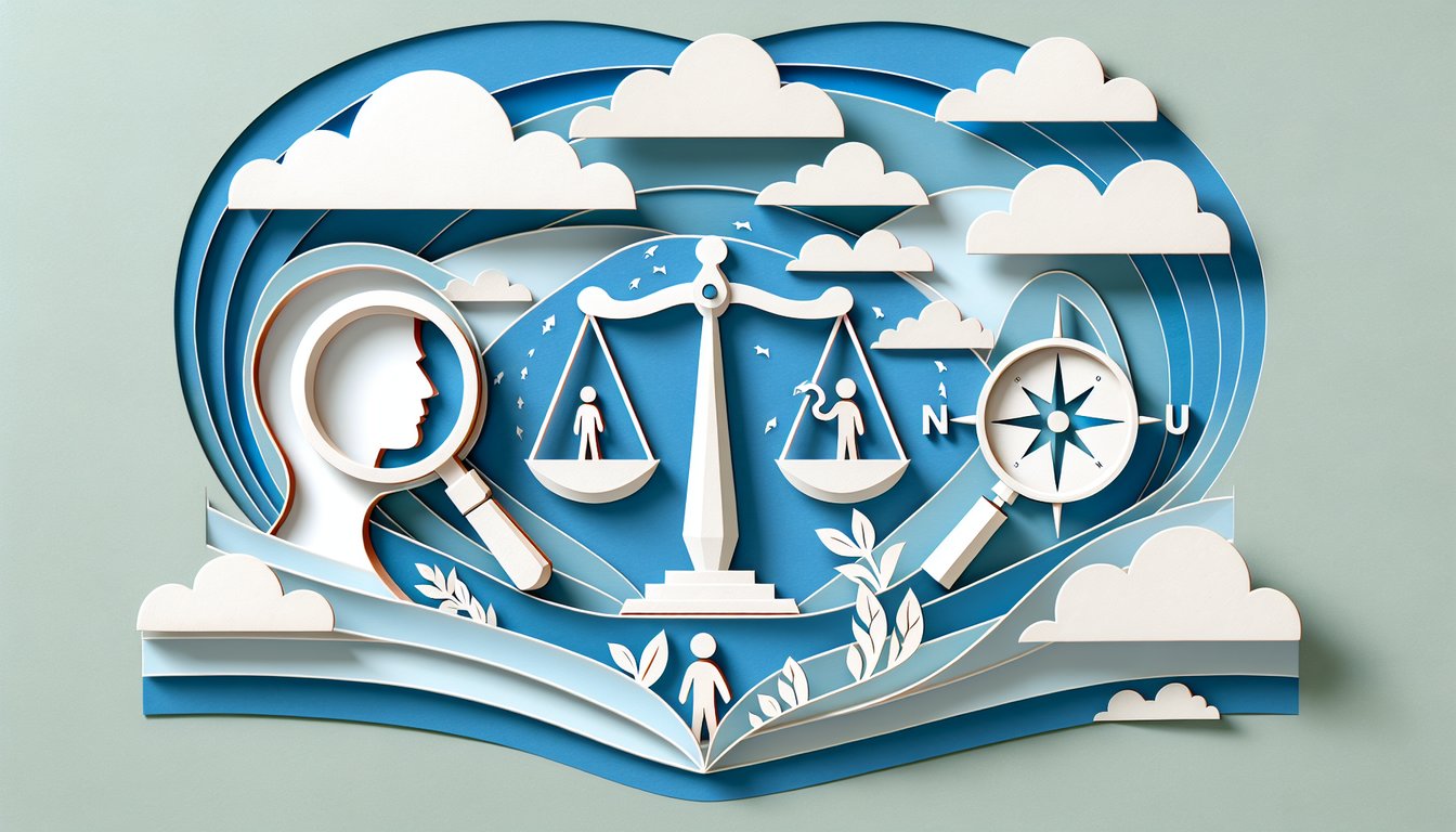 Paper art balanced scales open book heart footprints sky blue background representing honesty ethics quiz