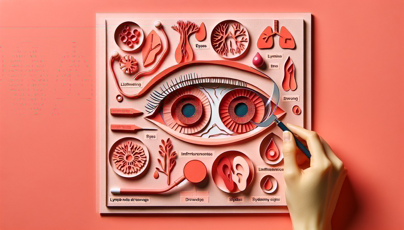 Paper art style red eye illustration on coral background with pus spots and lymph node drainage arrows for diagnosis quiz