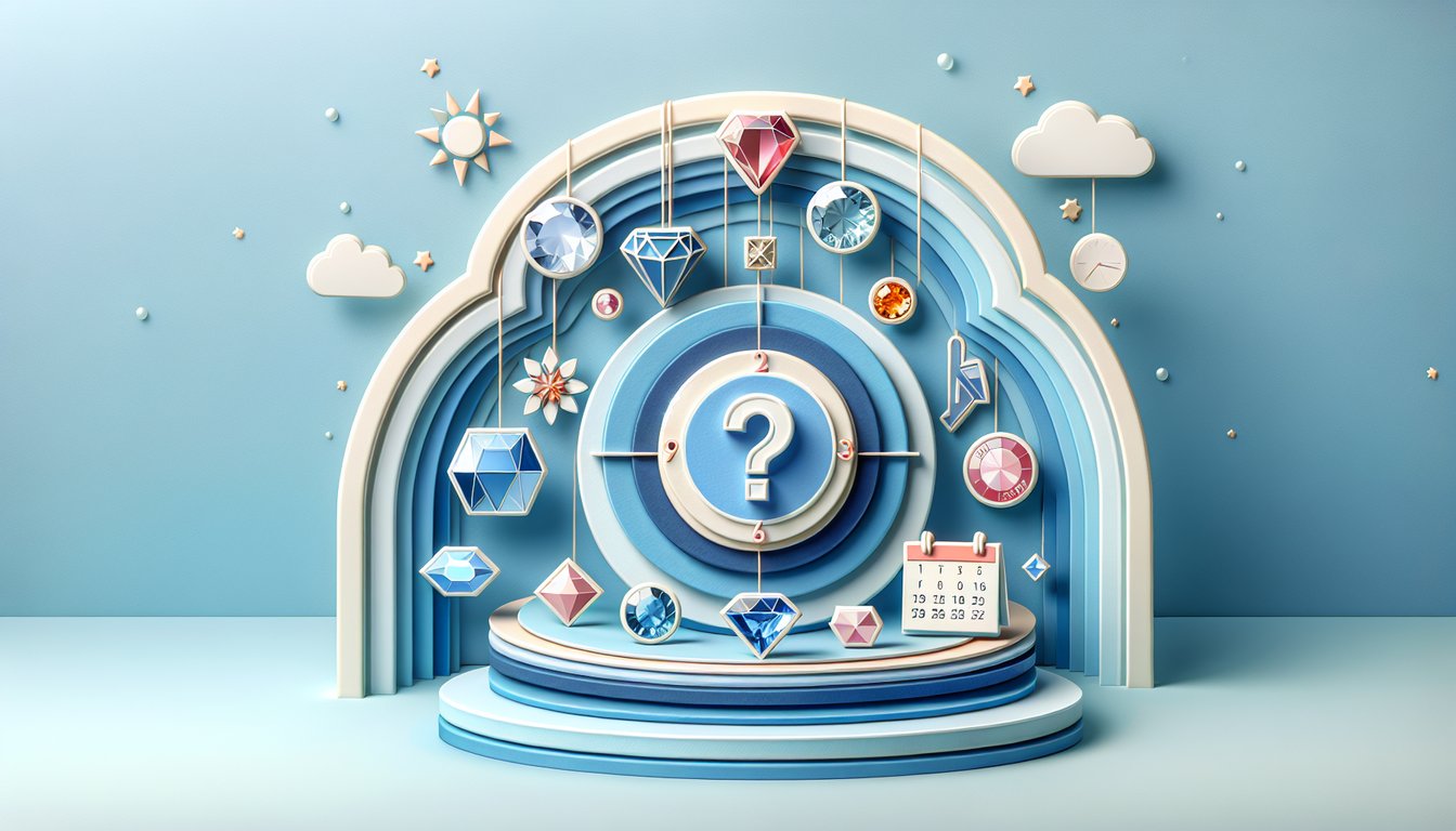 Paper art gemstones arranged by month names on sky blue background inviting quiz participation