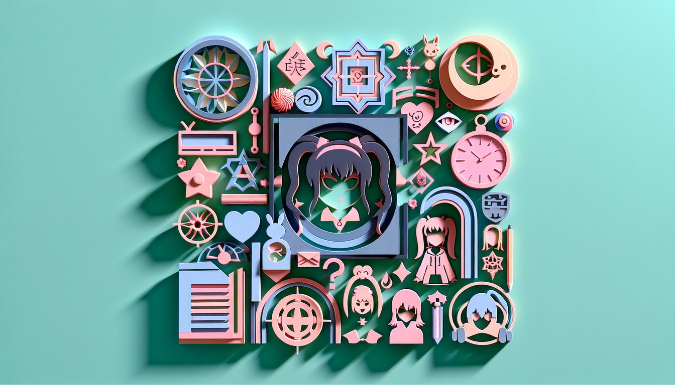 Anime waifu personality quiz paper art illustration on a teal background