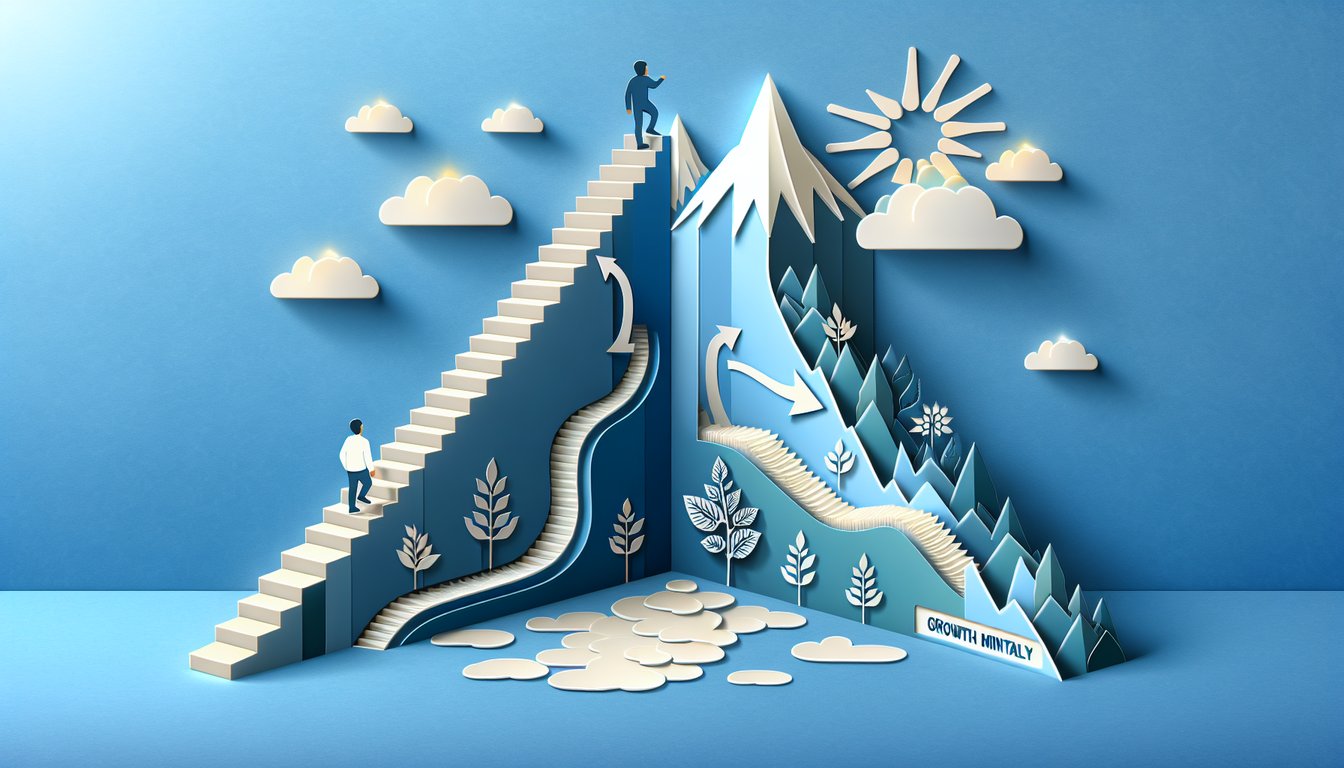 Paper art illustration of brain split between gears and sprouting plant with fixed and growth labels on sky blue background