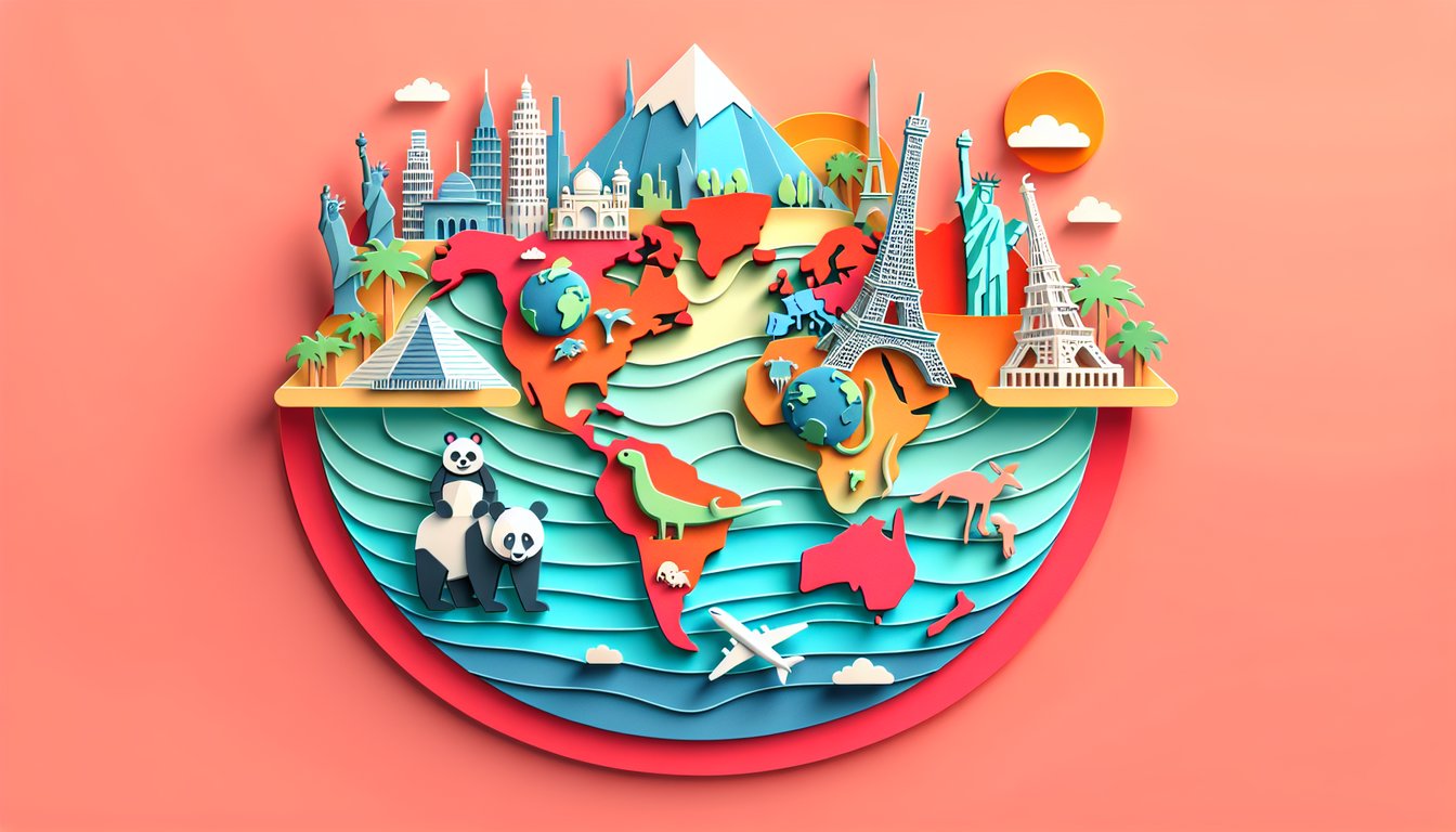 Paper art illustration showing world map shapes, landmarks and city icons for country quiz on coral background
